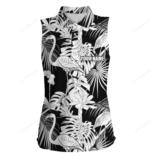 Women sleeveless polo shirt black white tropical plants flamingo golf shirts custom women's golf wear GY2313