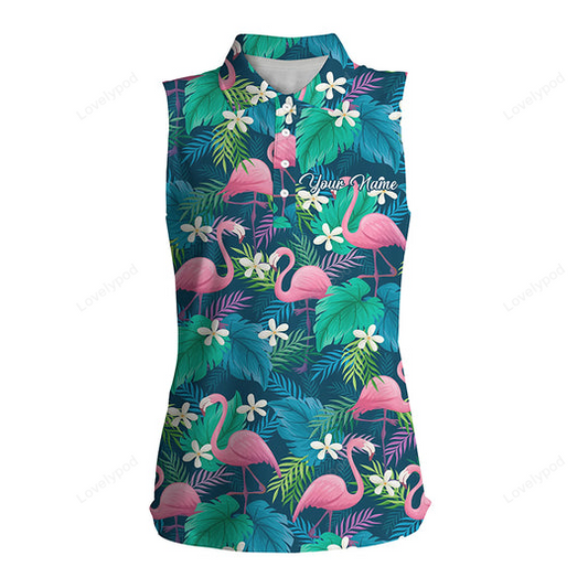 Women sleeveless polo shirts colorful flamingo green tropical leaf pattern custom golf polo shirts GY2316