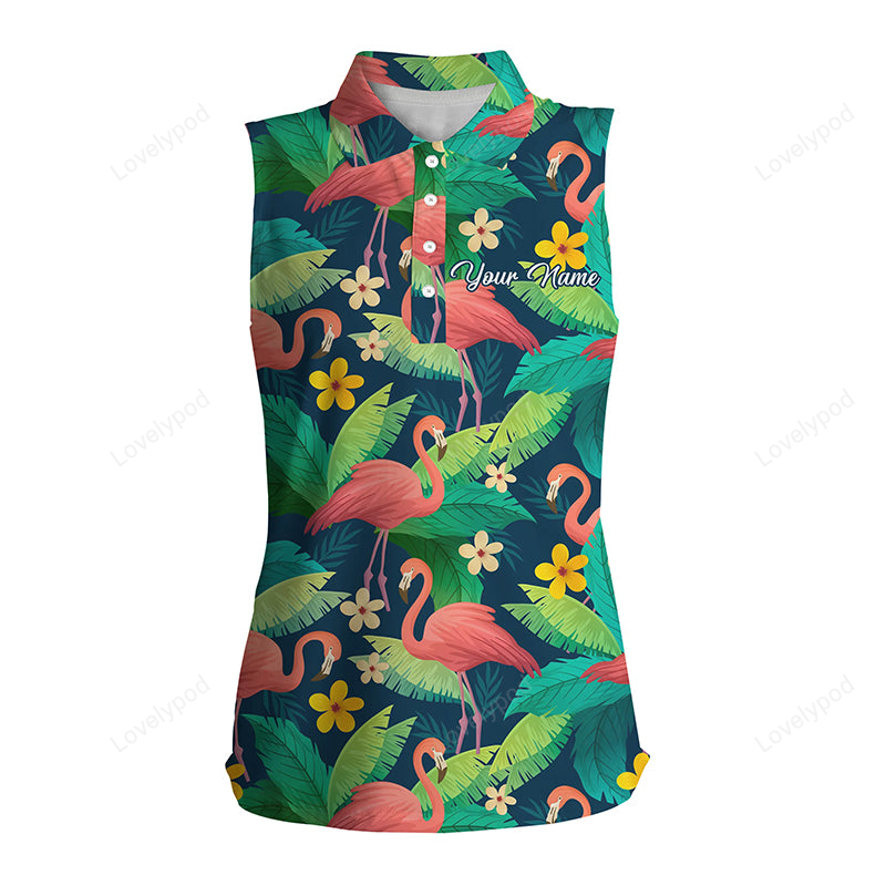 Women sleeveless polo shirt colorful flamingo pattern green tropical leaves custom team golf polo GY2317