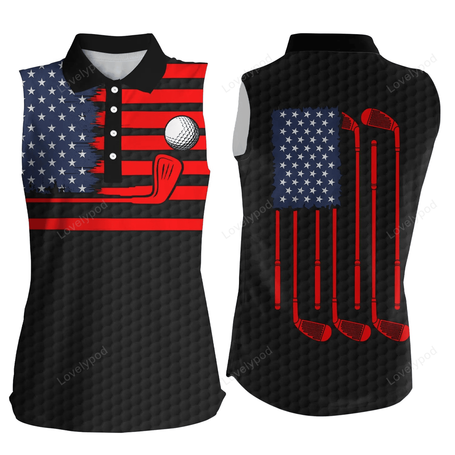 American flag patriotic womens sleeveless polo shirt black golf polo shirt, unique golf gifts GY2318