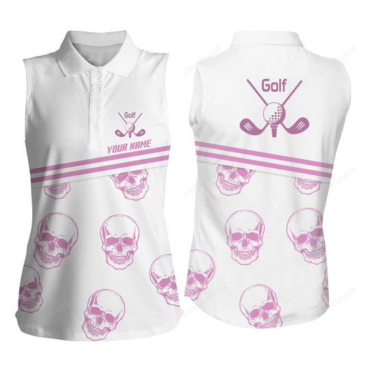 Womens sleeveless golf polo shirt custom name pink golf skull white golf shirt for women, golfing gift GY2332