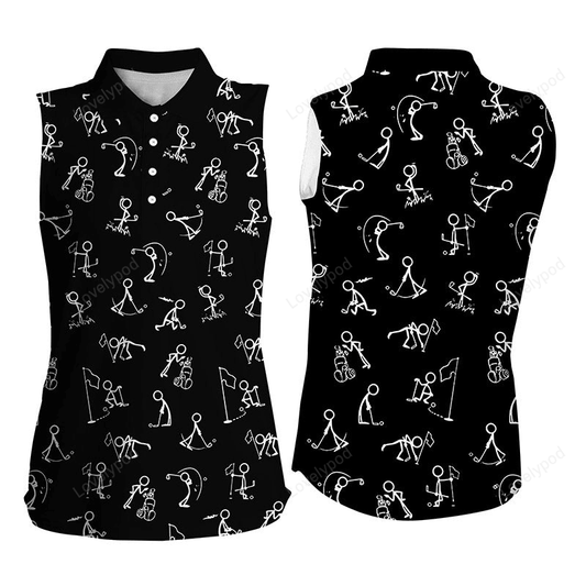 Women's sleeveless polo shirts funny golf pattern, black women polo shirt GY2335