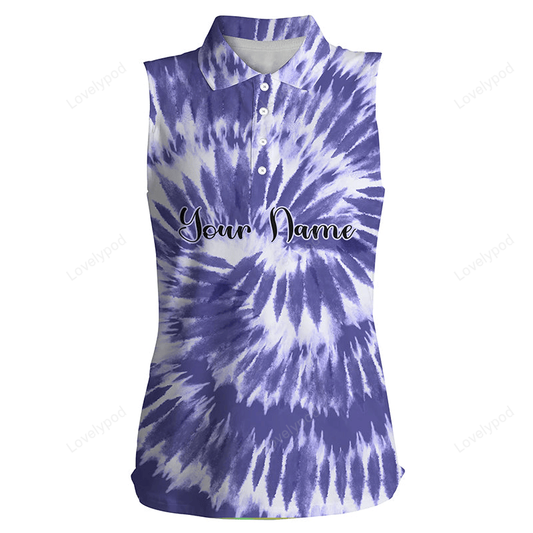 Womens sleeveless polo shirts violet purple tie dye background custom name golf shirt GY2336