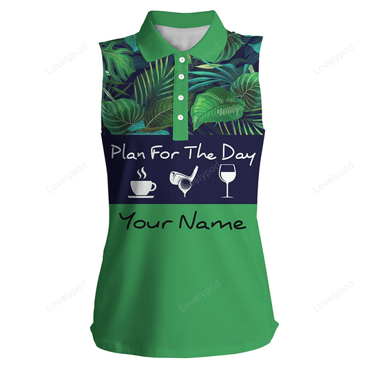 Womens sleeveless polo shirt plan for the day coffee golf wine custom green tropical plants golf shirt GY2337