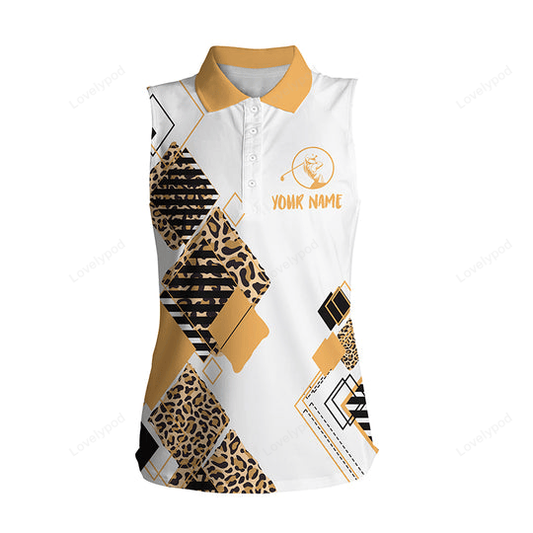 Custom name golf gift for women, yellow women's sleeveless golf polo white shirt leopard pattern GY2338