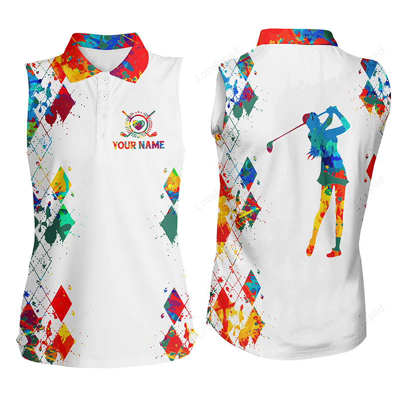 Women's sleeveless golf polo shirt watercolor white golf shirt GY2339