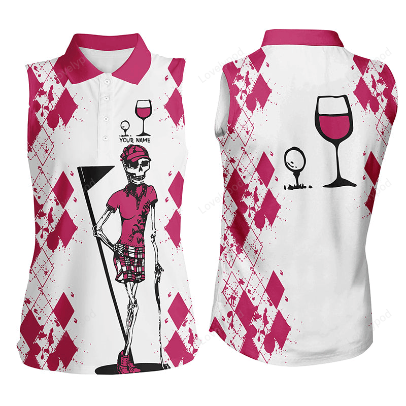 White pink women's golf shirt skull golf & wine women's sleeveless golf polo shirt GY2343