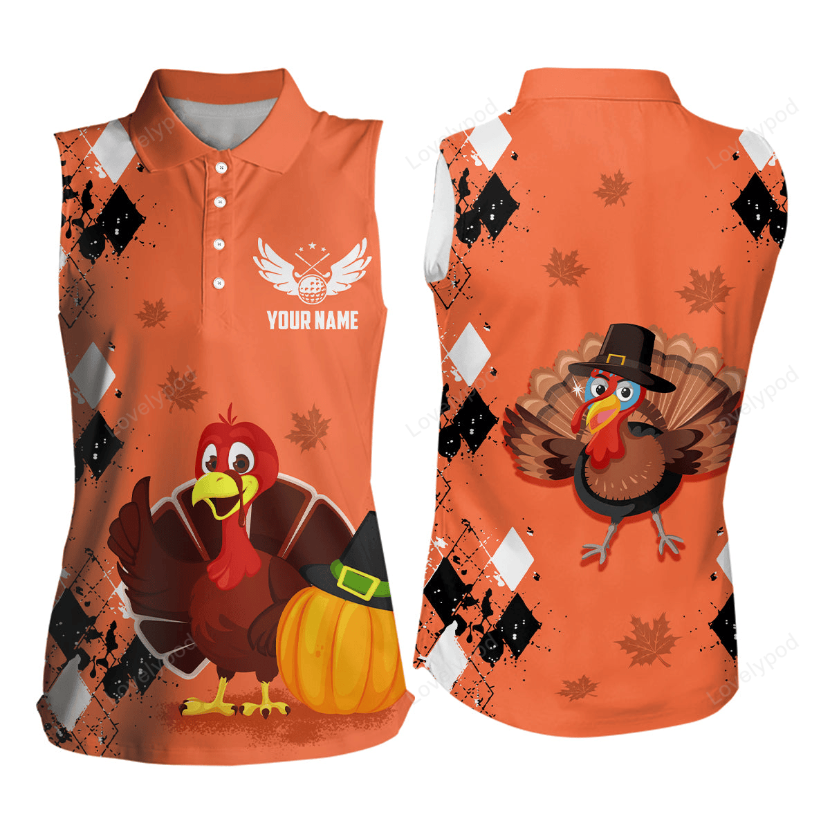 Turkey bird thanksgiving golf women's sleeveless polo shirt argyle orange women golf tops golf gifts GY2346