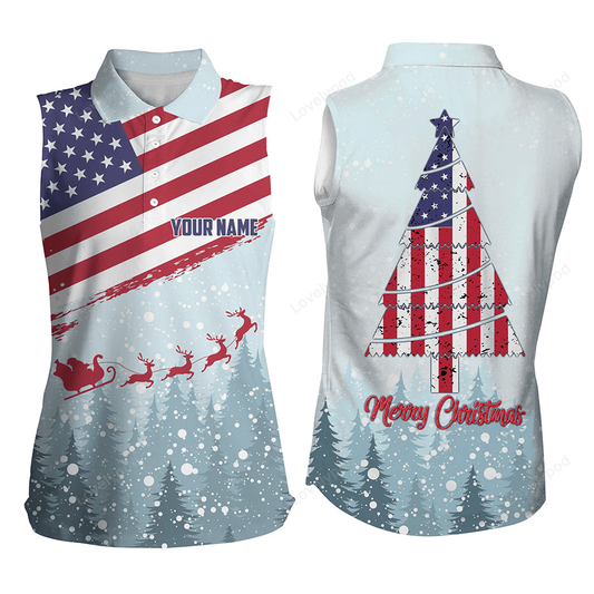 Christmas usa flag womens sleeveless polo shirt custom winter forest patriotic golf shirts for women GY2349