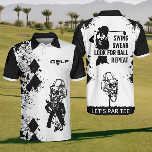 Skull golf swing swear looking for ball repeat polo shirt for men, custom golf shirts, funny men golf shirt, golf team shirt GY2353