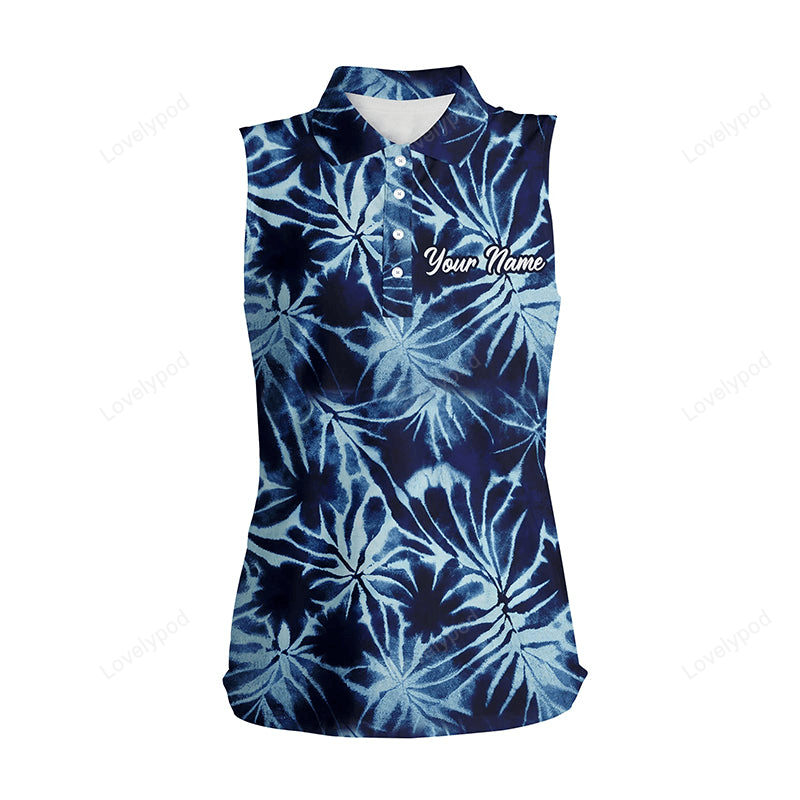 Women sleeveless polo shirts with blue tie dye background custom name golf shirt GY2358