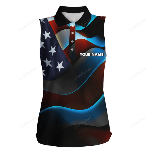 Women sleeveless polo shirt custom name black american flag patriotic golf shirts for women GY2359