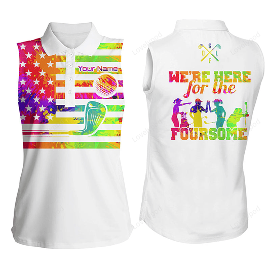 Watercolor american flag women's sleeveless polo shirts custom we're here for the foursome golf gifts GY2361