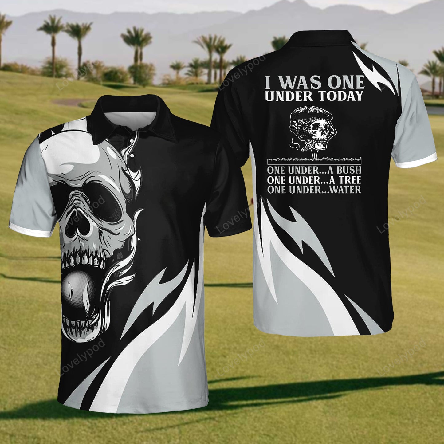 Men's skull i was one under today polo shirt, custom golf black and grey shirts, funny men golf shirt, golf team shirt GY2365