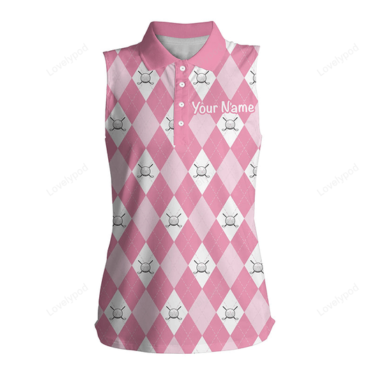 Pink argyle plaid pattern women's sleeveless polo shirt custom golf shirts for women, ladies golf polo GY2368