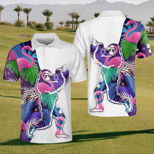 Men's bigfoot and flamingo golf polo shirt, custom golf multicolor shirts, funny men golf shirt, golf team shirt GY2370