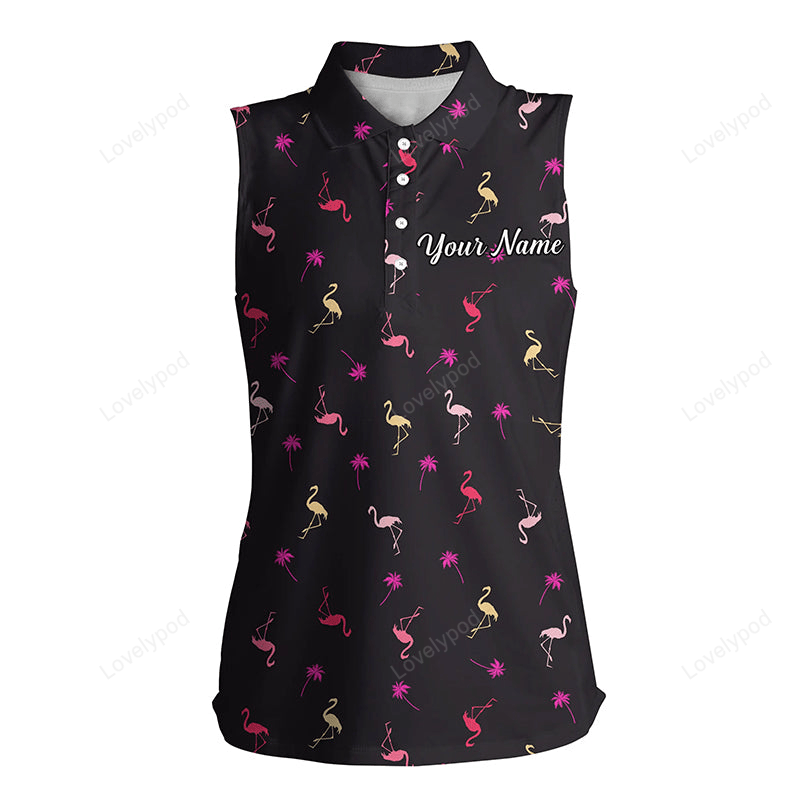 Black womens sleeveless polo shirt neon pink flamingos palm pattern custom team flamingo golf shirts GY2376