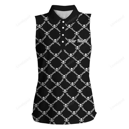 Custom name golf shirt women black, women's sleeveless polo shirt swing swear drink repeat golf skull GY2381