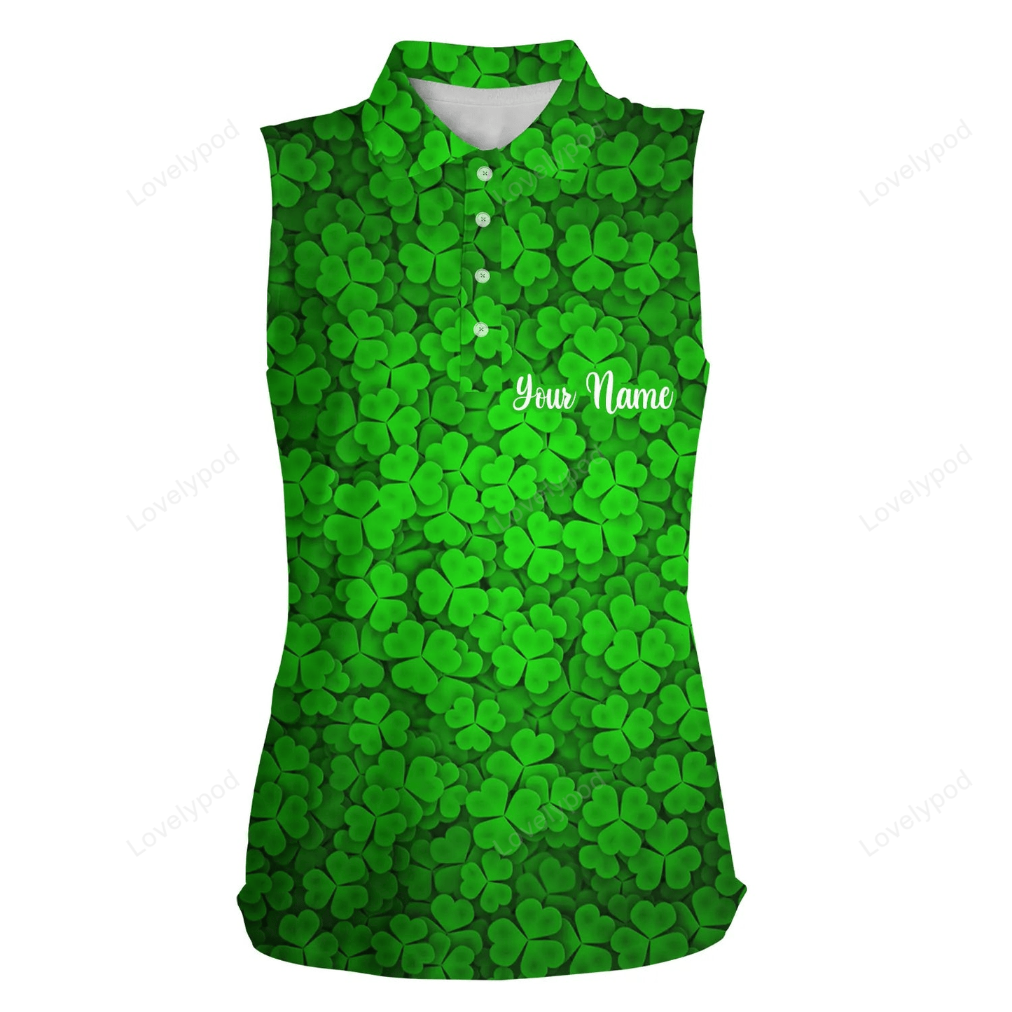 Women sleeveless polo shirt green clover st patrick pattern golf shirts custom team golf polo GY2386