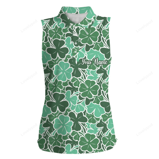 Womens sleeveless polo shirt clover leaf floral custom name st. patrick's day pattern ladies golf shirt GY2387