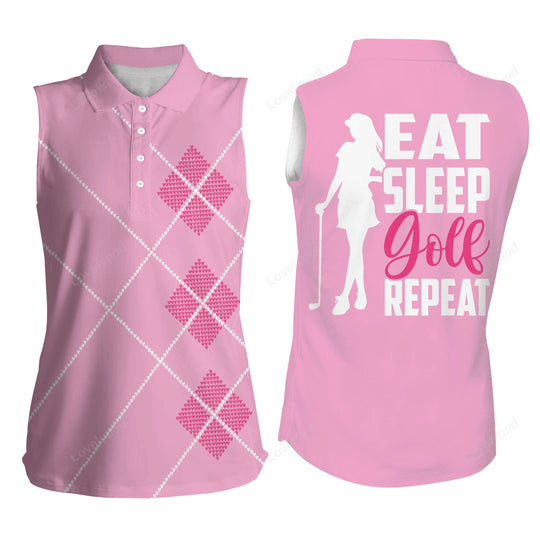 Women sleeveless polo shirts eat sleep golf repeat pink argyle pattern ladies golf top for women GY2388