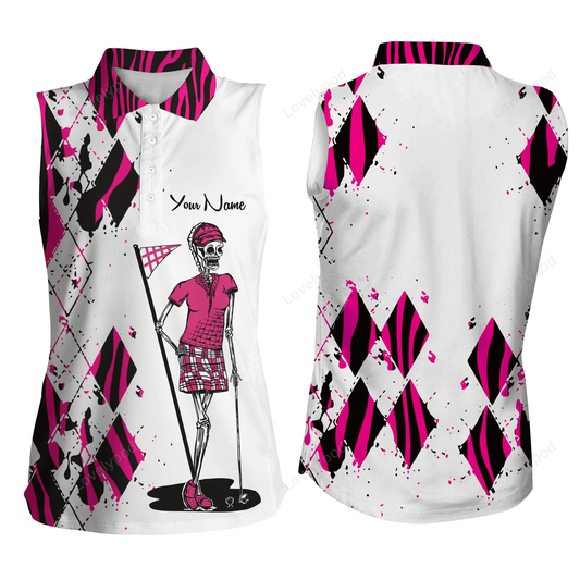 Women sleeveless polo shirts custom ladies golf skull pink zebra pattern golf shirt GY2389