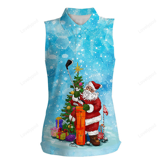 Christmas womens sleeveless polo shirt blue snow winter santa golfer, christmas golf gift for women GY2396