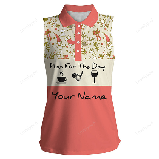 Womens sleeveless polo shirt lovely christmas pattern custom name plan for the day coffee golf wine GY2402