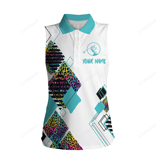 Women's sleeveless golf polo white shirt colorful leopard pattern custom name golf gift for women GY2411