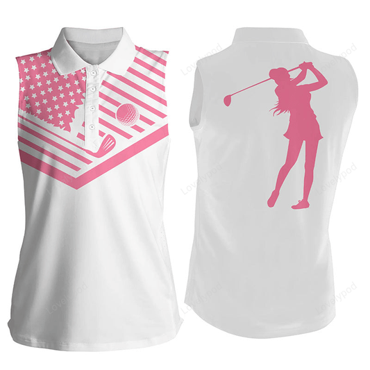 Women's sleeveless golf polo shirt pink american flag white golf shirt GY2412