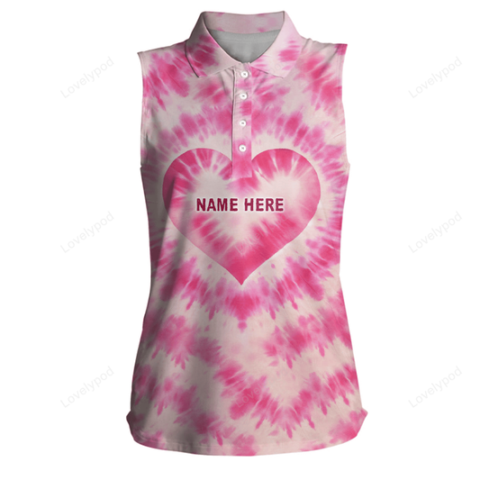 Women sleeveless polo shirt custom pink heart tie dye pattern golf shirt, ladies golf tops GY2413