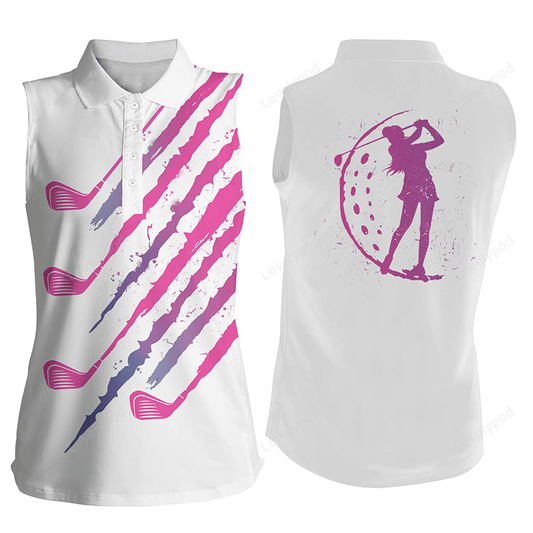 Pink and white golf clubs women's sleeveless polo shirts custom name golfing gift GY2415