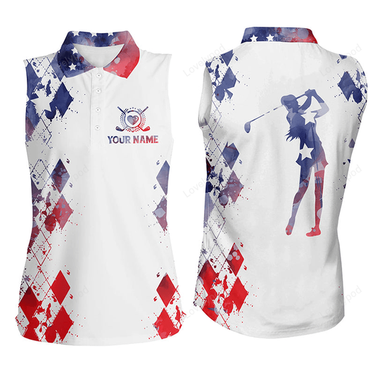 Women sleeveless polo shirt watercolor american flag custom name white golf shirt GY2416