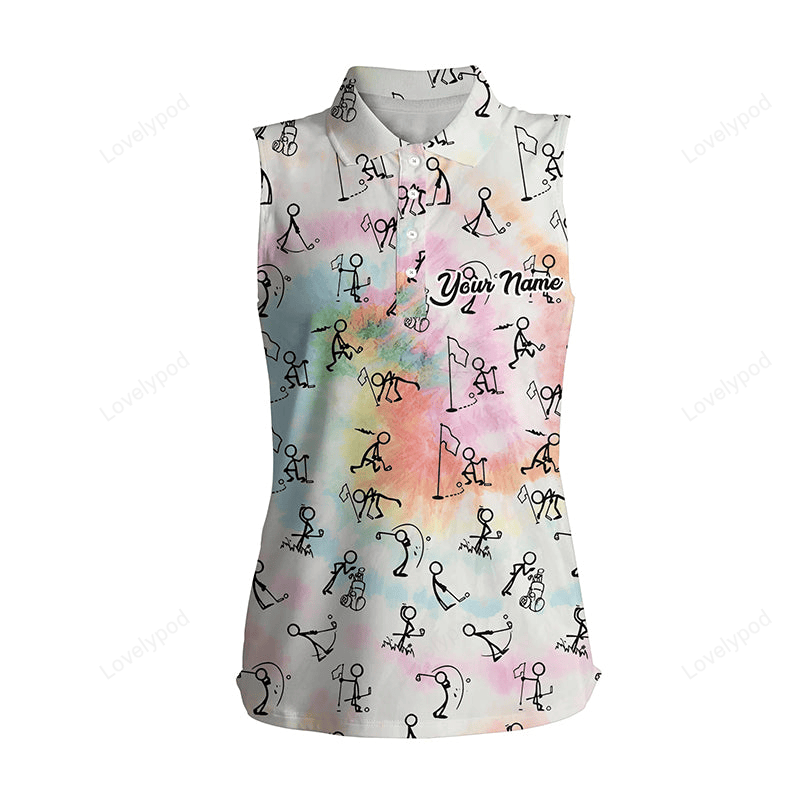 Womens sleeveless polo shirt rainbow tie dye stick figures playing golf custom golf gifts for women GY2441