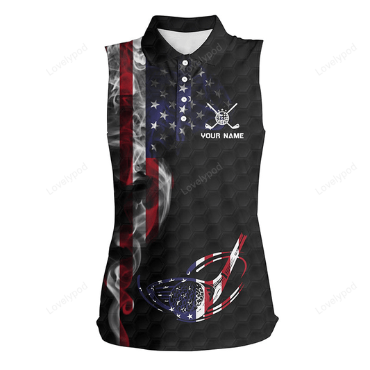 Smoky american flag women's sleeveless polo shirt custom patriotic golf tops for women golf pattern GY2451