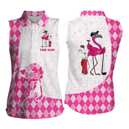 Pink argyle pattern flamingo golf wine ladies sleeveless golf shirt custom funny golf shirt for women GY2562