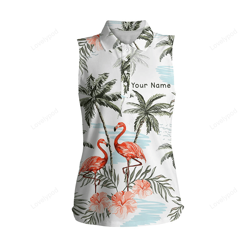 Flamingo tropical palm tree women's sleeveless polo shirts custom ladies golf tops, golf gifts GY2564