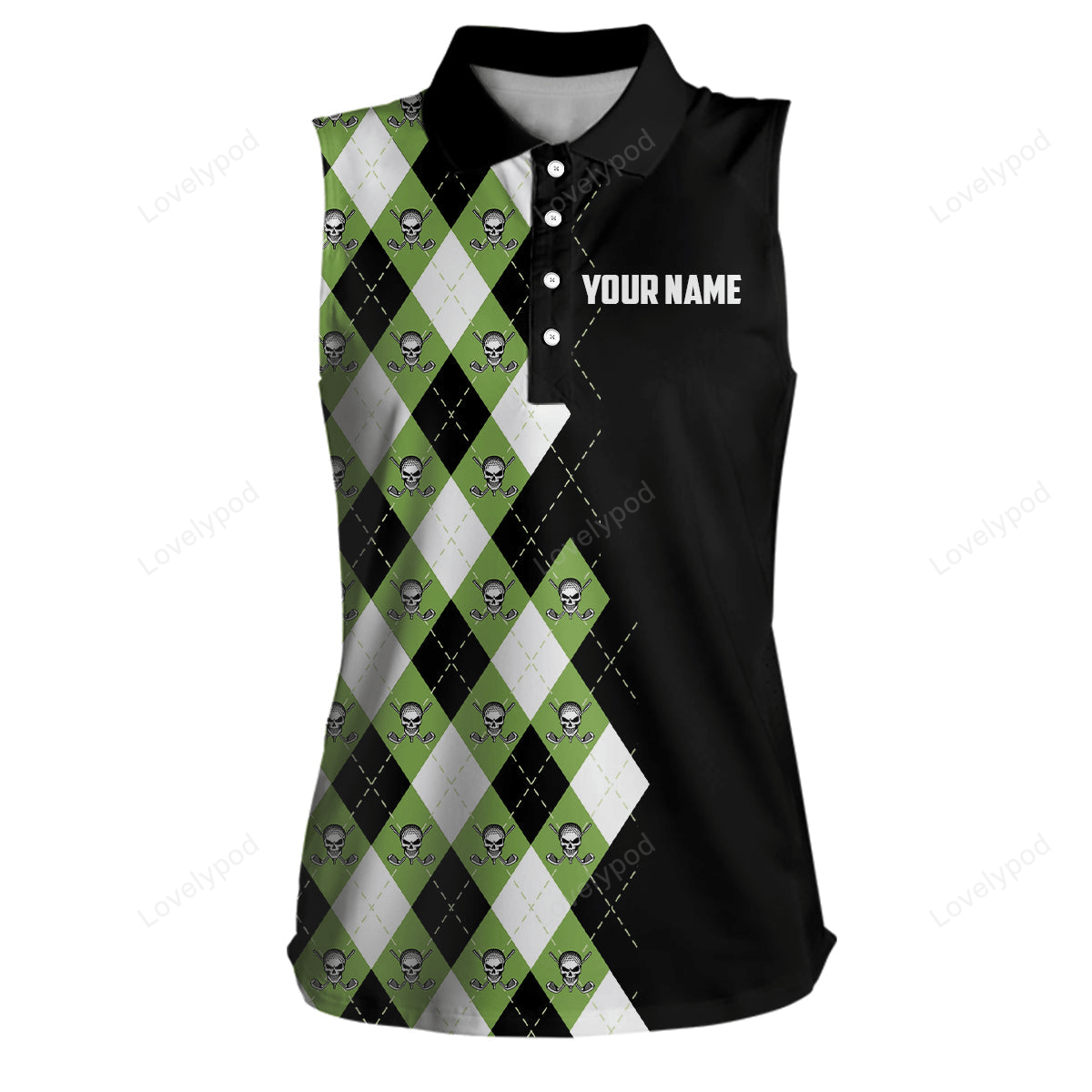 Green argyle plaid skull pattern custom black women's sleeveless polo shirt, golf tops for ladies GY2605