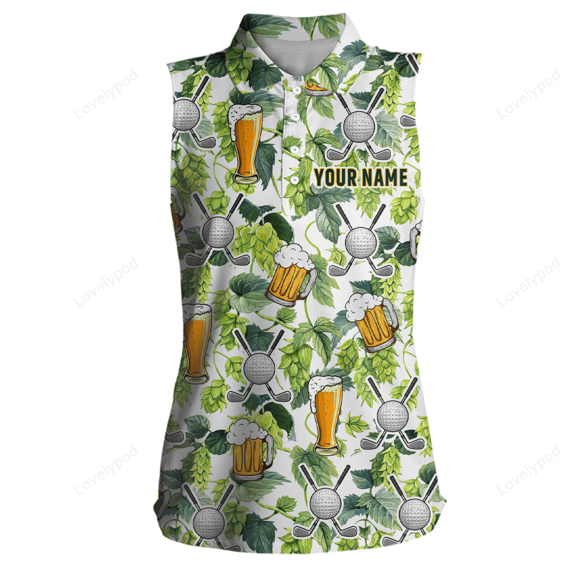 Funny golf beer green tropical pattern custom women's sleeveless polo shirt, golf tops for ladies GY2623