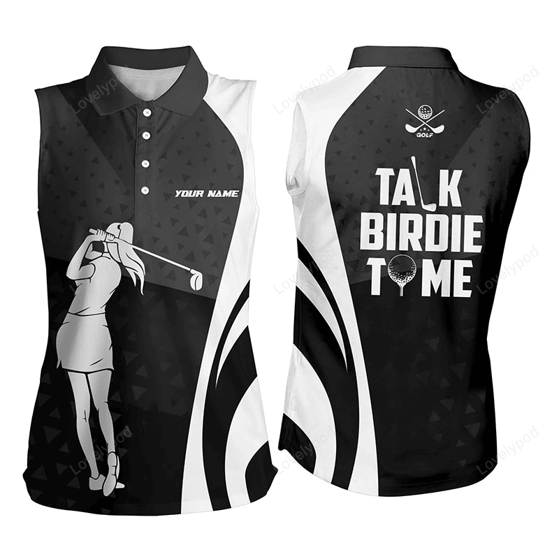 Talk birdie to me black white women's sleeveless polo shirt custom geometric cool golf shirt for women GY2682