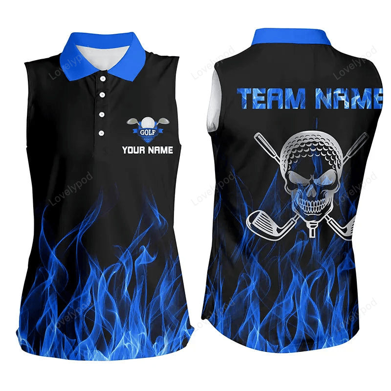 Black women sleeveless polo shirt custom blue flame skull golf club, personalized golf gifts for women GY2704