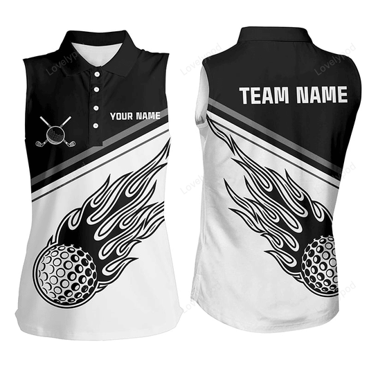 Black white flame personalized women's sleeveless polo shirt custom golf shirts for women golf gifts GY2712