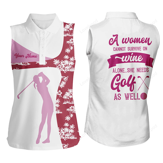 A women cannot survive on wine pink red tropical sleeveless polo shirts drinking golf tops for women GY2735
