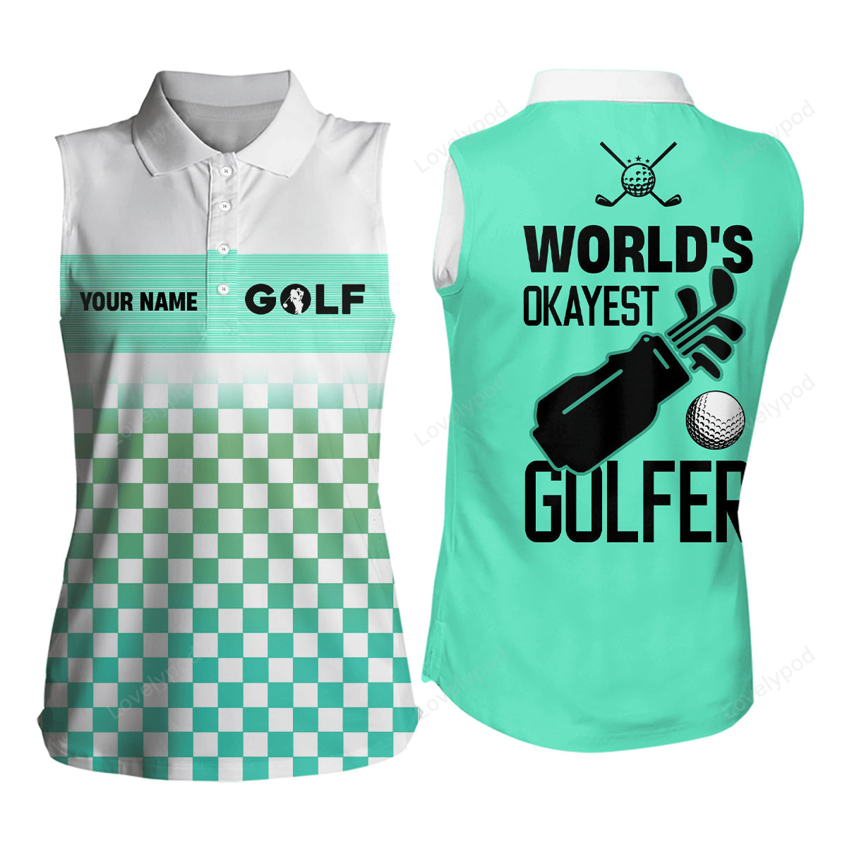 Women's sleeveless polos shirt custom white green pattern world's okayest golfer golf shirt for women's GY2738