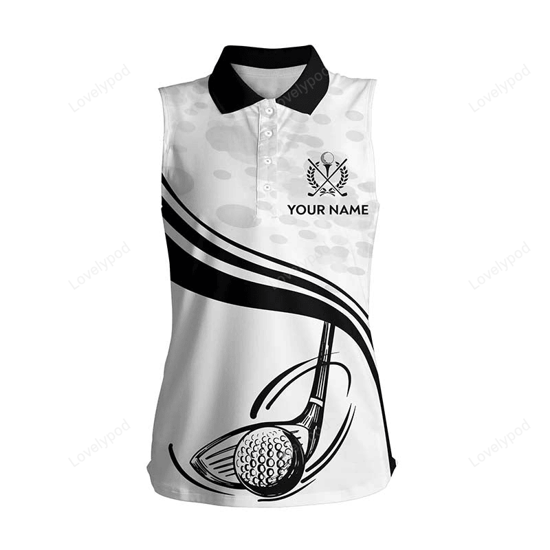 Black white golf ball and club womens sleeveless polo shirt cool golf shirts for women golfing gifts GY2943