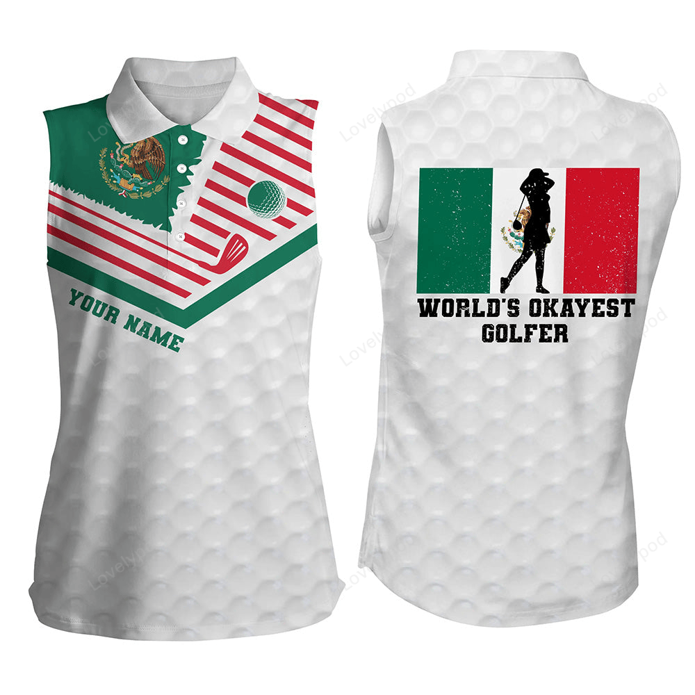 Mexican flag world's okayest golfer custom sleeveless white polo shirt patriotic golf shirt for women GY2967