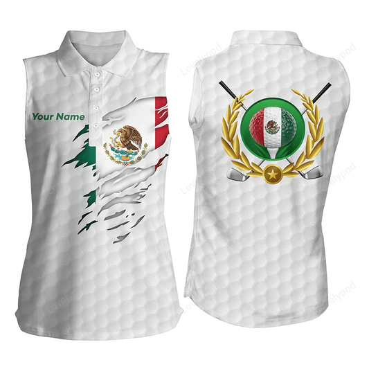 Mexican flag white golf pattern sleeveless polo shirt patriotic golf shirt for women mexico golf gift GY2972