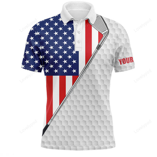 American flag white mens golf polo shirts, custom name golf clubs patriotic team golf shirt for mens GY2977