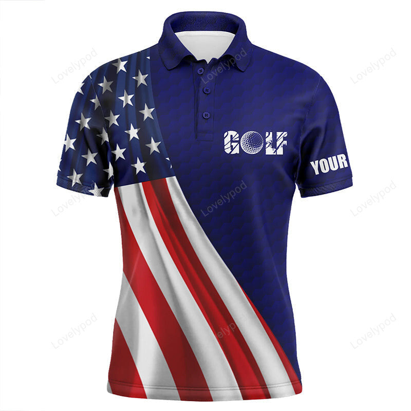 American flag blue navy golf ball skin mens golf polo shirts, custom name patriotic golf tops for mens GY2979