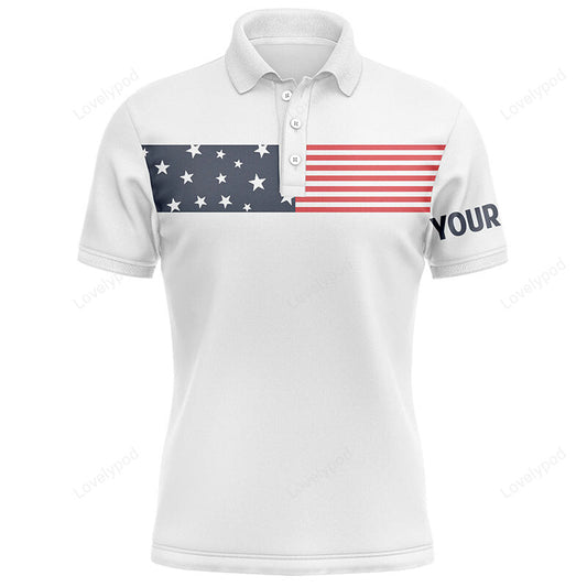 American flag white mens golf polo shirts, custom patriotic golf tops for mens GY2980